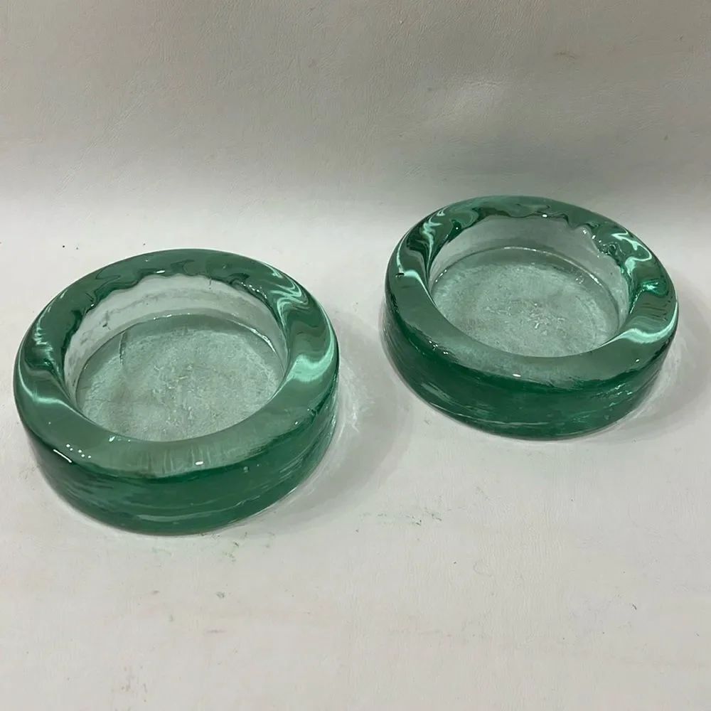 Vintage Blenko‎ Glass Paperweight Bubble Green Set 2 4 1/2 in Round 1 1/2 Tall
